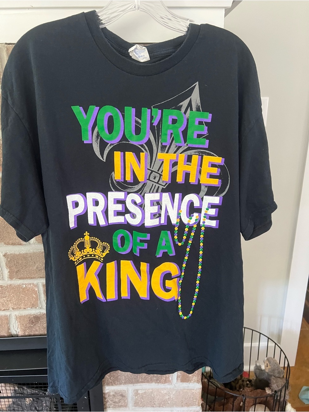 Gildan Black Tee with Green Purple Yellow Mardi Gras Graphic